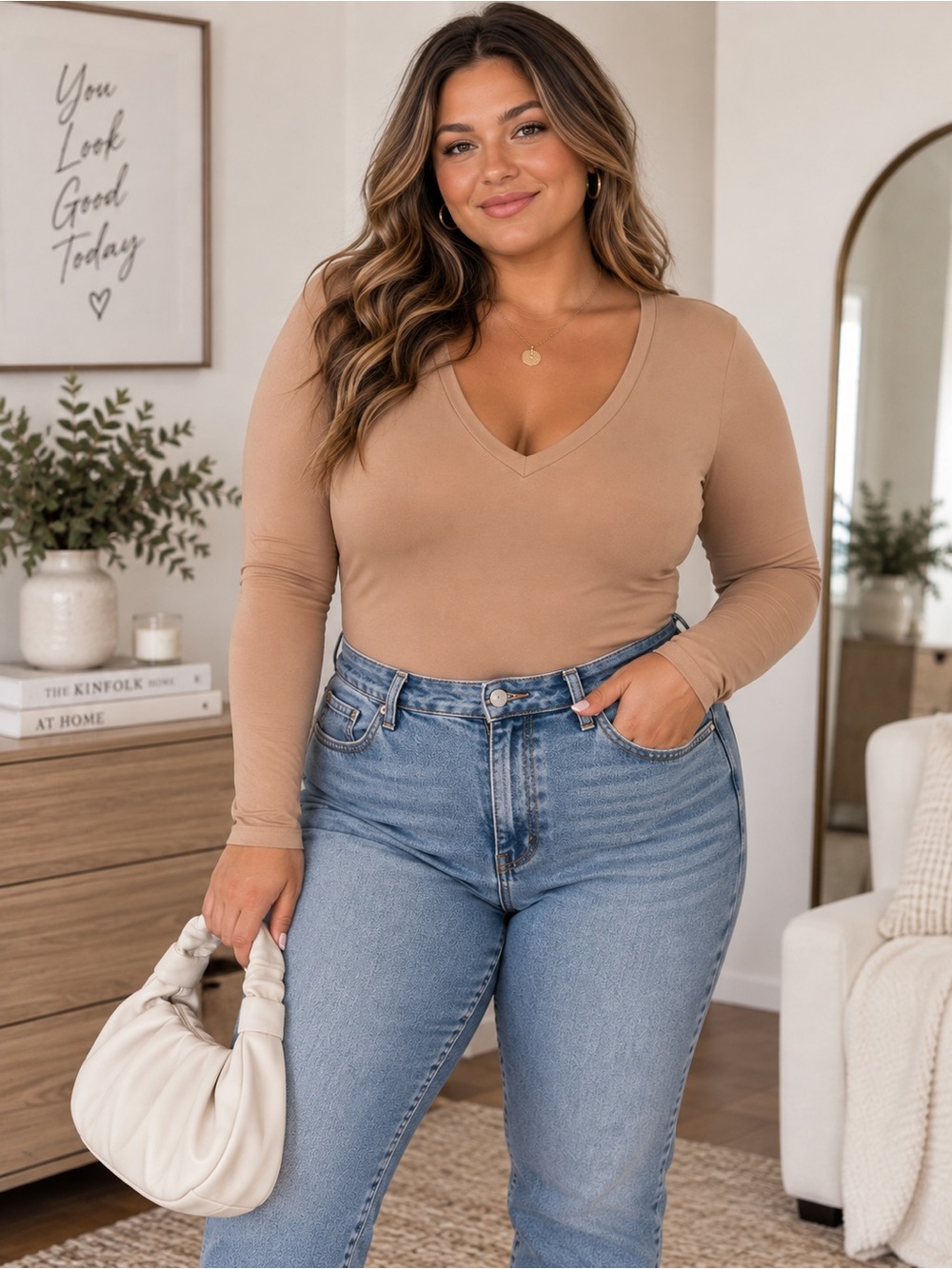Women’s Nude Tan Long Sleeve V-Neck Bodysuit NWT